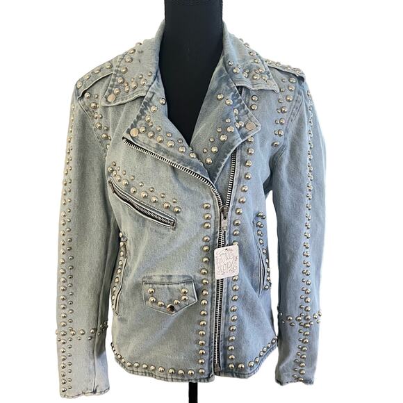 Free People Understated Leather Studded Western Denim Moto Jacket Medium Women’s - Picture 2 of 6